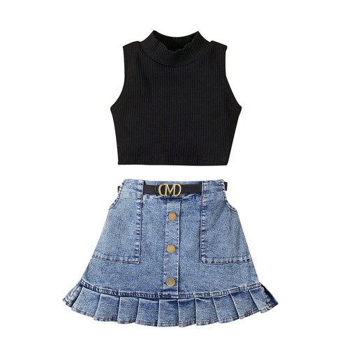 Amazon Cross-border Children's Wear Set for Girls: Solid Color Tank Top, Sleeveless Blouse, Denim Pouch Pants, Pleated Short Skirt, Belt