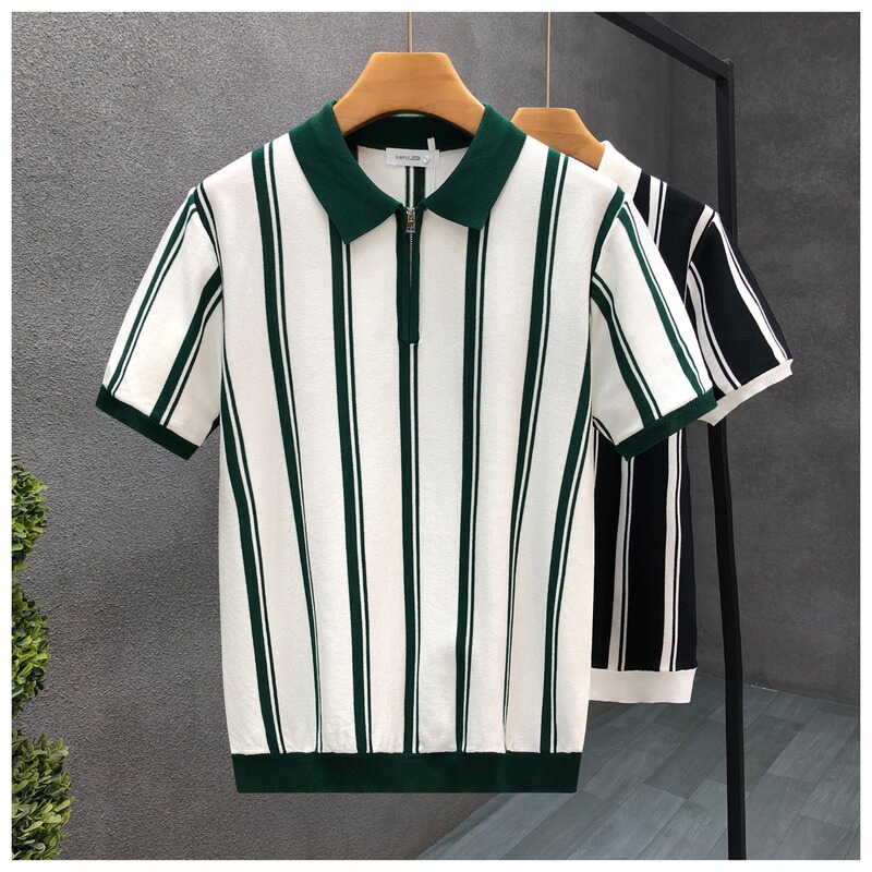 2026 New Trendy Brand Summer Short-Sleeve Business Striped Polo Shirt for Men with Half-Zip Ice Silk Turn-Down Collar Knit Short-Sleeve