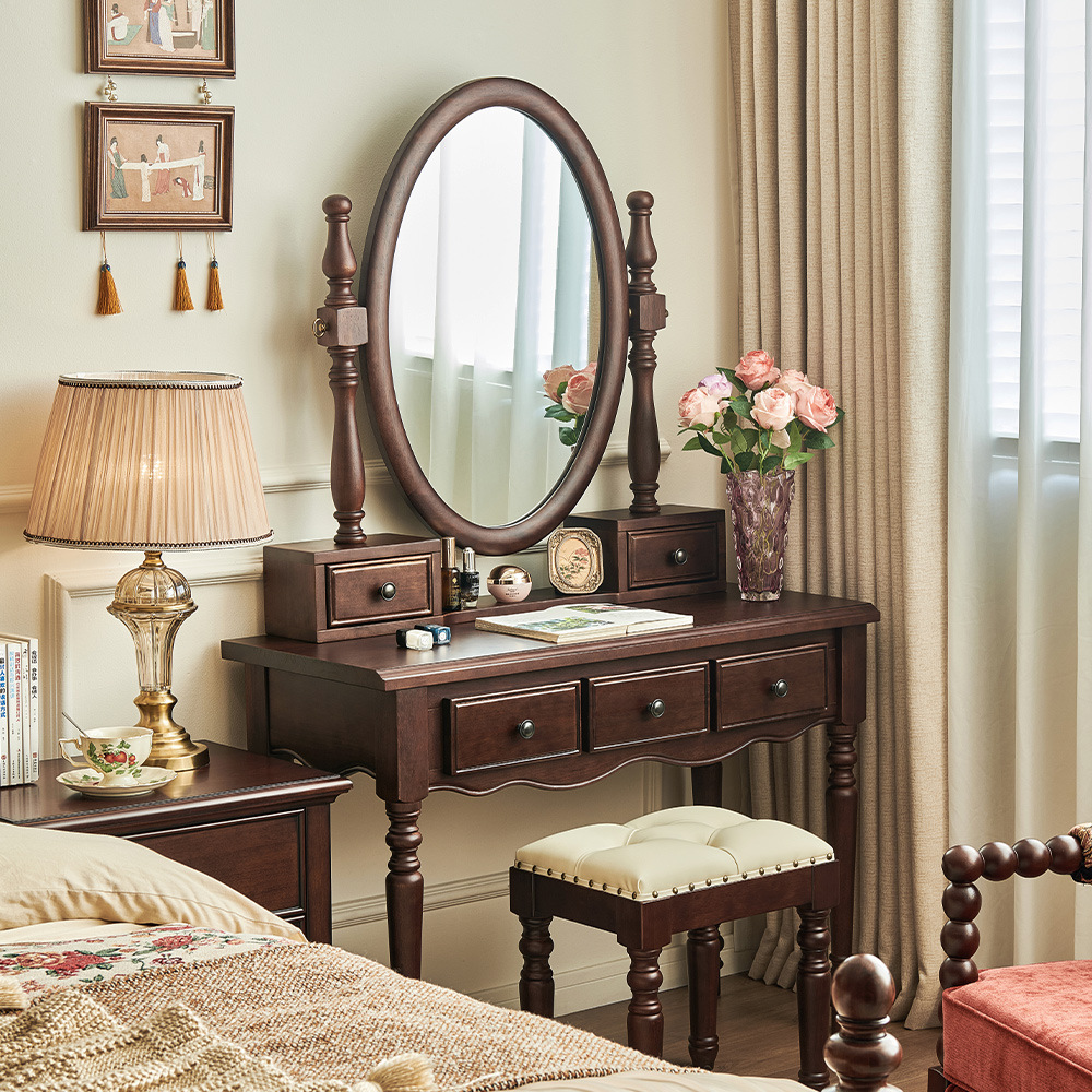French-Style Vintage Solid Wood Dai Lan Dressing Table American-Style Home Bedroom High-Definition Dressing Mirror Makeup Table Desk