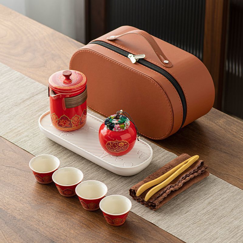 레드/고대 리듬 한 냄비, 네 컵 + 차 트레이/타원형 가방