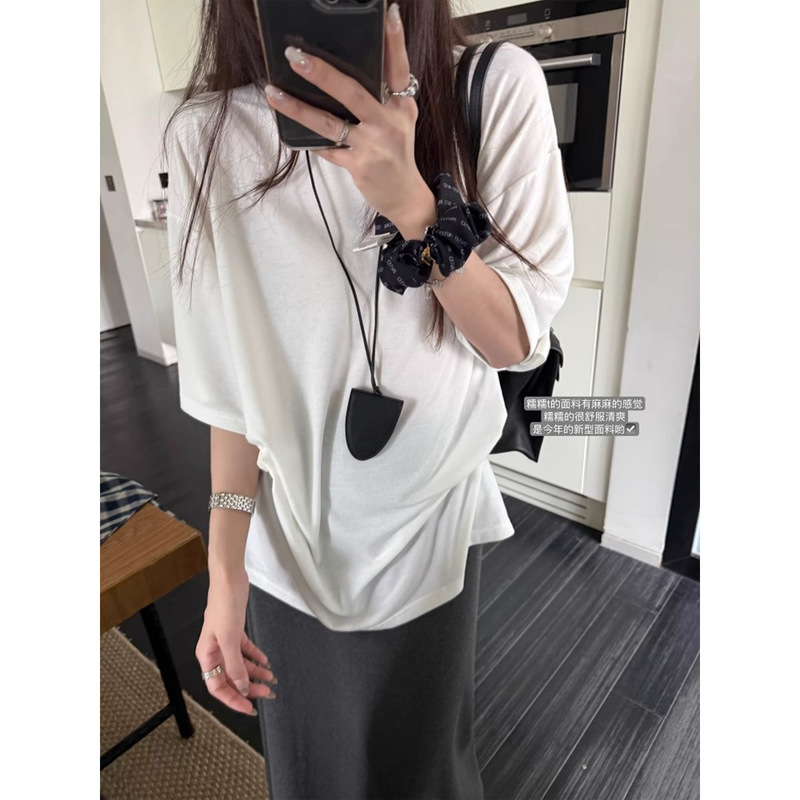 3470 #   Superniniyy Glutinous Milkshake & Pure Color Lazy Loose Round Neck Mid-Sleeve Short-Sleeved T-Shirt Top