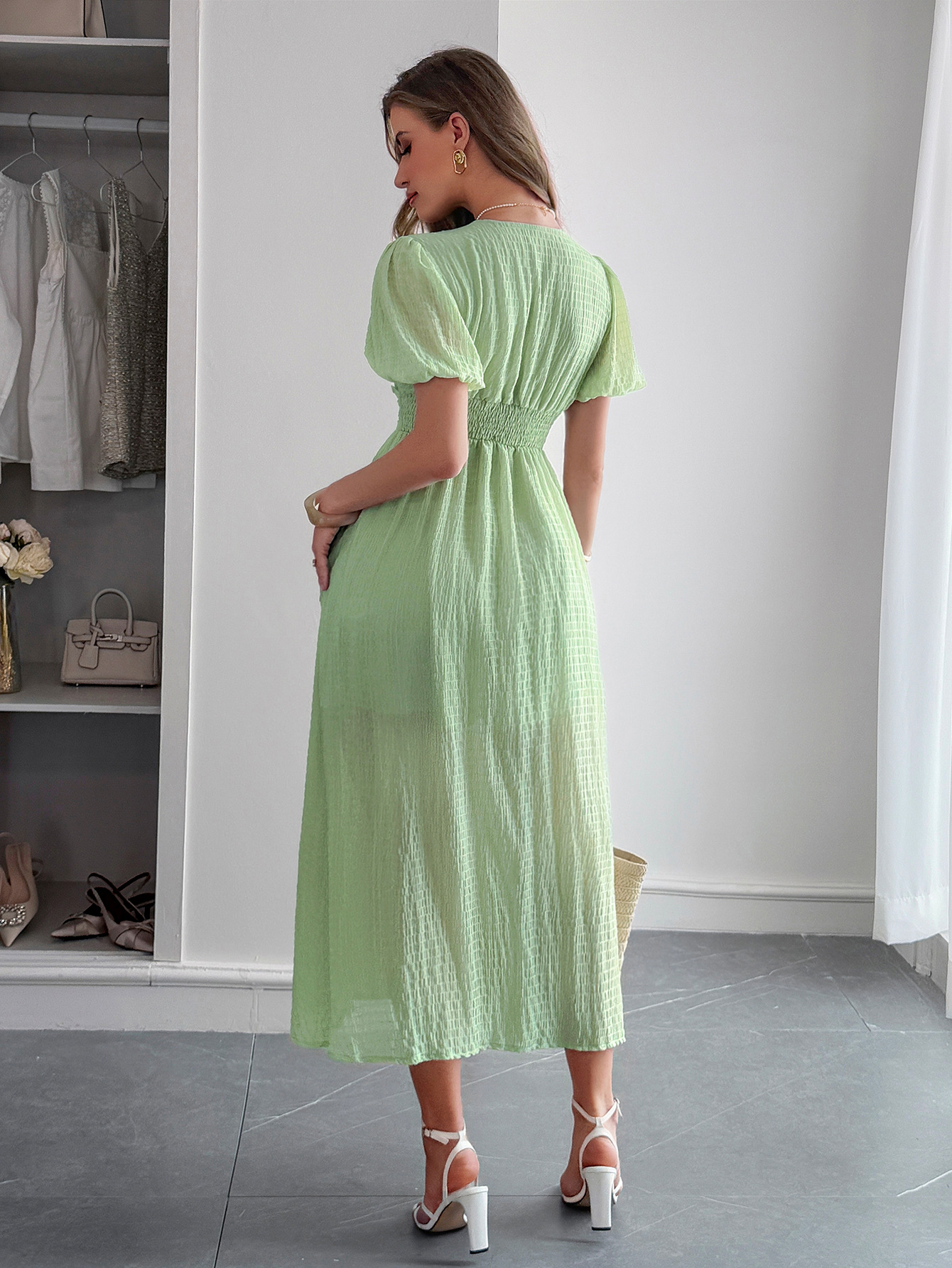 327g Weight Midi Dress Dress Length Type Short Sleeve Sleeve Length Sheath Dress Dresses Type Polyester Fabric Type Mid Waist Waist Line Casual, Daily Occasion V Neck Neckline Slim Fit Type Solid Color Pattern Summer Season Women's Gender Vacation Style Wholesale Women's Vacation Solid Color Casual Daily V Neck Short Sleeve Sheath Dress 11