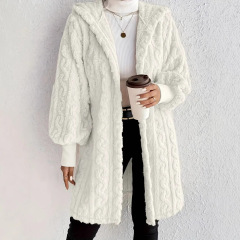 速売通Wish ebay 2025秋冬欧米の女性服の純色の長袖の帽子のゆったりした毛の羽毛の上着の女性
