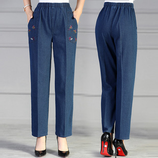 Штаны, прямые свободные джинсы для матери, для среднего возраста, эластичная талия