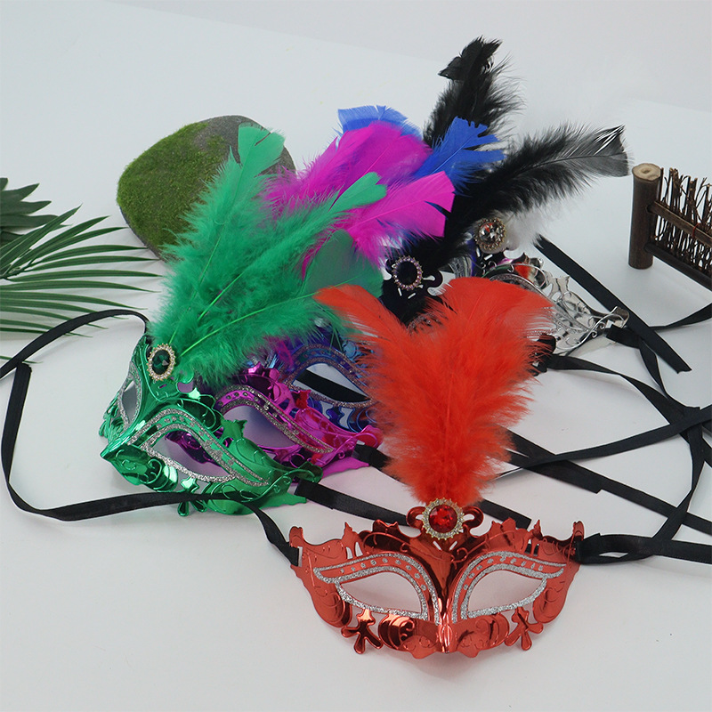 Máscara de media cara, máscara de ojos de carnaval, plumas de hada, decoración de diamantes de imitación electrochapados, accesorio para fotos de influencer estilo INS
