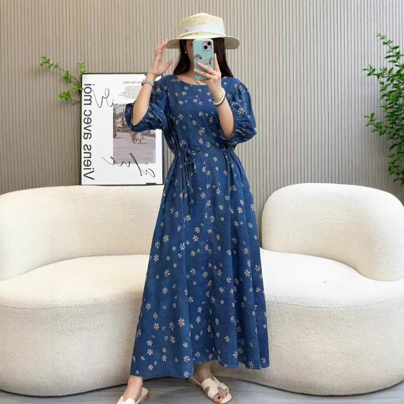 Cotton Silk Dress Summer New Round Neck Polka Dot Artificial Cotton Long Skirt Large Size Elegant Floral Skirt Fashionable and Slimming