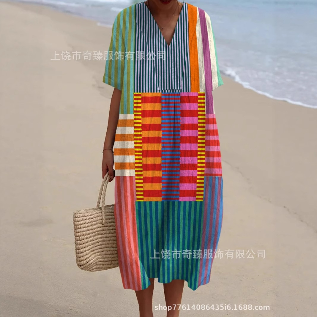 外贸跨境2025春夏款亚马逊独立站时尚休闲长款短袖V领女士连衣裙