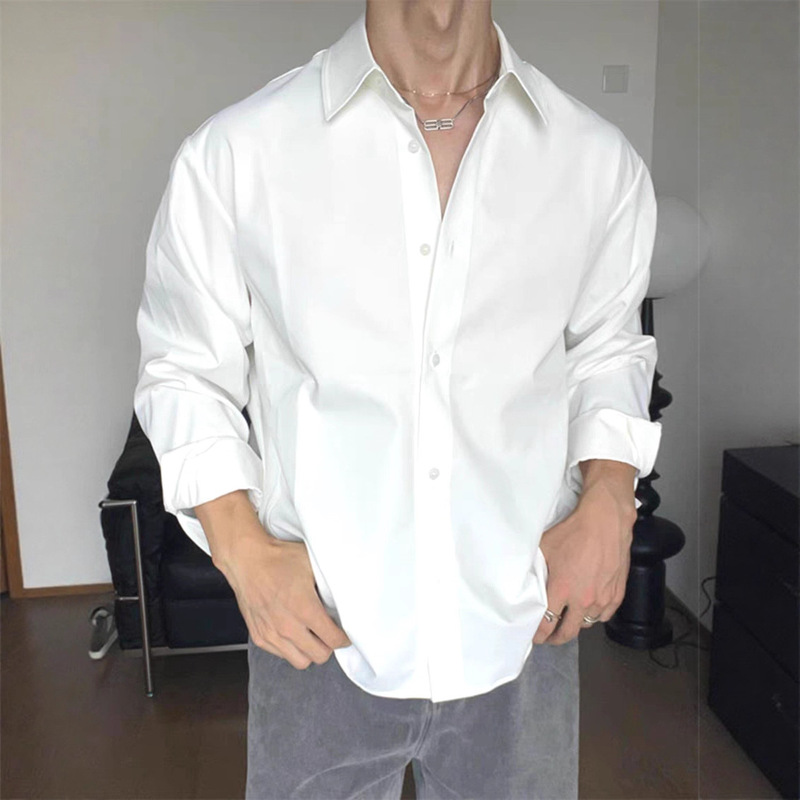 Italian Naples White Shirt Men's No-Iron Ice Silk Chiffon Loose Long-Sleeved Cardigan Silky Satin Work Shirt