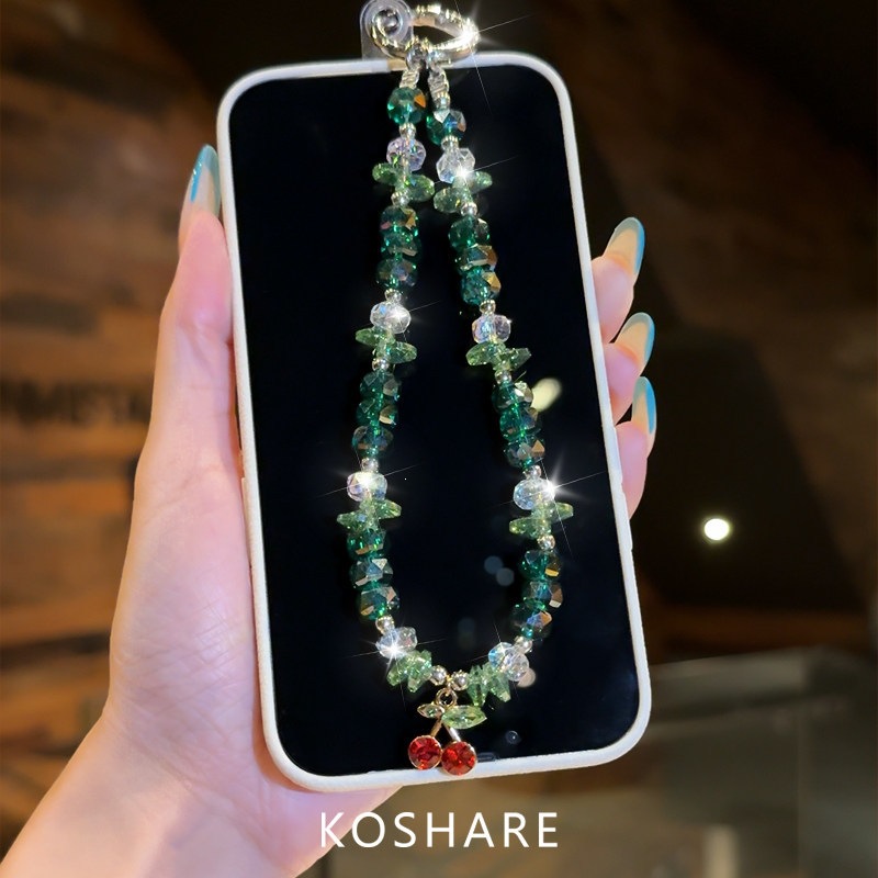 Cereza verde verano flash cadena de teléfono móvil lujo ligero de alto nivel sensación bolsos de cristal colgante colgante de mano colgante de chicas colgante creativo