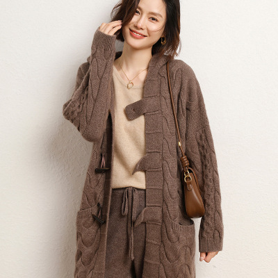Heavy thick 100 wool knitting Cardigan Mid length version Korean Edition Easy Lazy wool coat