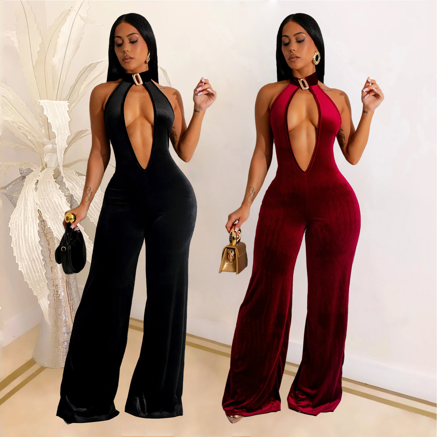 C7101 Aliexpress transfronterizo Amazon estación independiente de moda europea y americana ropa de mujer sexy profunda V gran espalda alta cintura casual