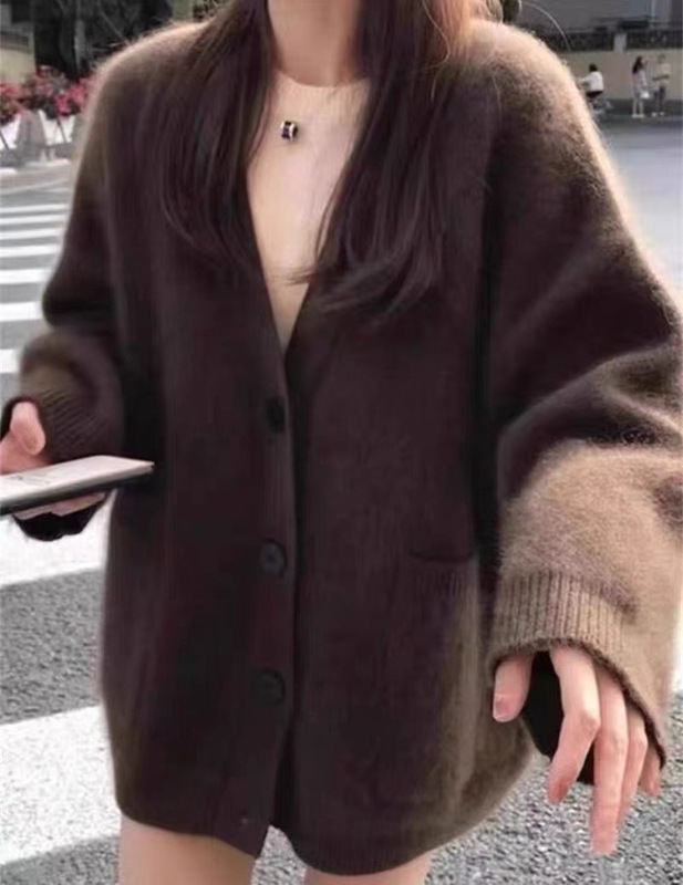100羊毛开衫女中长款秋冬老钱风v领宽松针织衫加厚羊绒毛衣外套|undefined