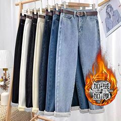 velvet thickened jeans for women in autumn and winter new warm student high waist Harun straight nine-point radish dad pants
