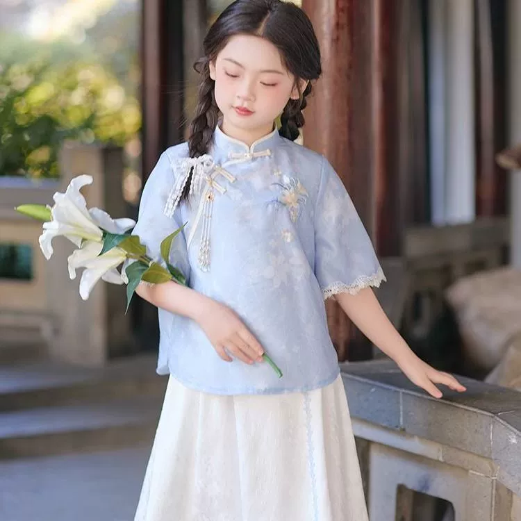 [汉服女童夏2025新款儿童新中式国风旗袍女孩古风日常可穿套装兔毛]