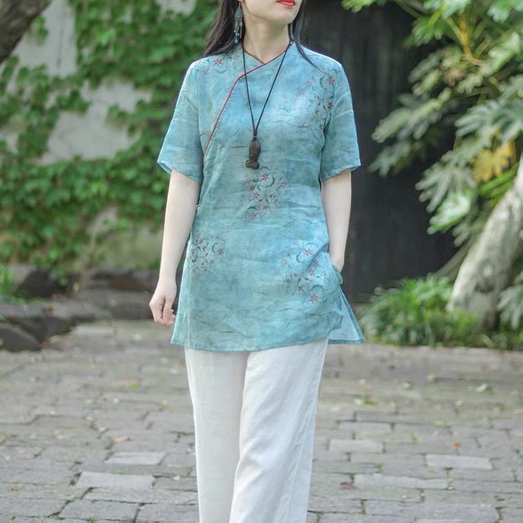 新中式印花苎麻衬衫女短袖斜襟V领茶服小衫长款棉麻上衣