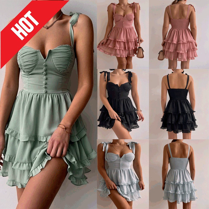 2024 Европейская и американская внешняя торговля трансграничный стиль летнее Милое сексуальное однотонное шифоновое платье 22171