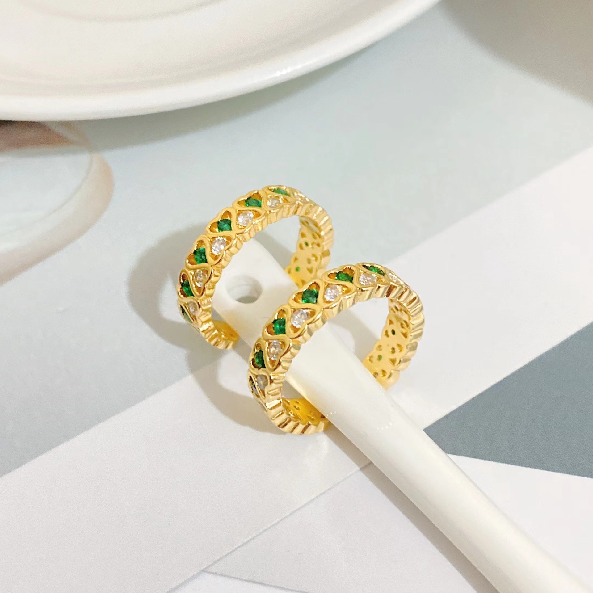 new copper-plated 18k gold heart-shaped diamond-set zircon open ring