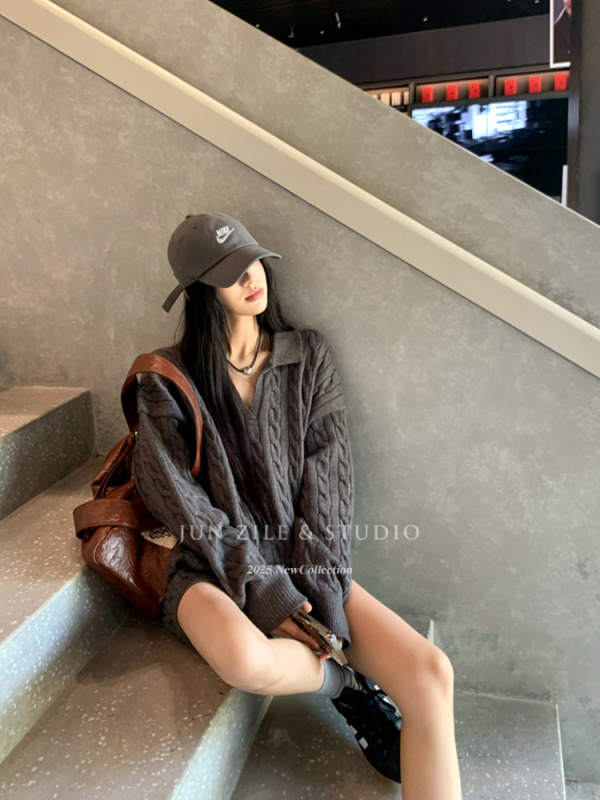 毛衣女秋季韩系宽松百搭休闲麻花翻领针织衫慵懒风半开领长袖上衣|undefined