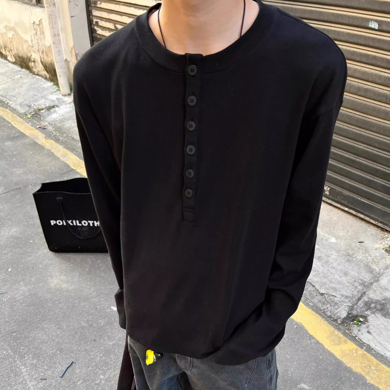 Men's Henley Long Sleeve T-shirt Solid Colour Base Pullover_voghion.com