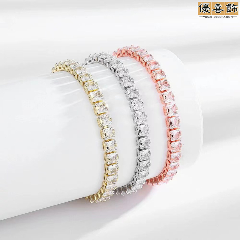 Cross-border live hip-hop jewelry zircon 4mm square diamond single-row diamond bracelet men's and women's fashion fashion jewelry wholesale