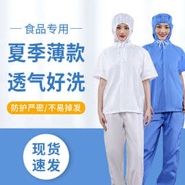 夏季透气连帽食品厂工作服套装 药厂生产车间短袖薄款防尘洁净服