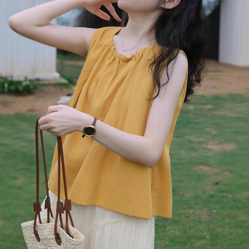 Mango-Flavored Summer Yellow Ruched Neckline Tencel Texture Babydoll Tank Top Sleeveless Top