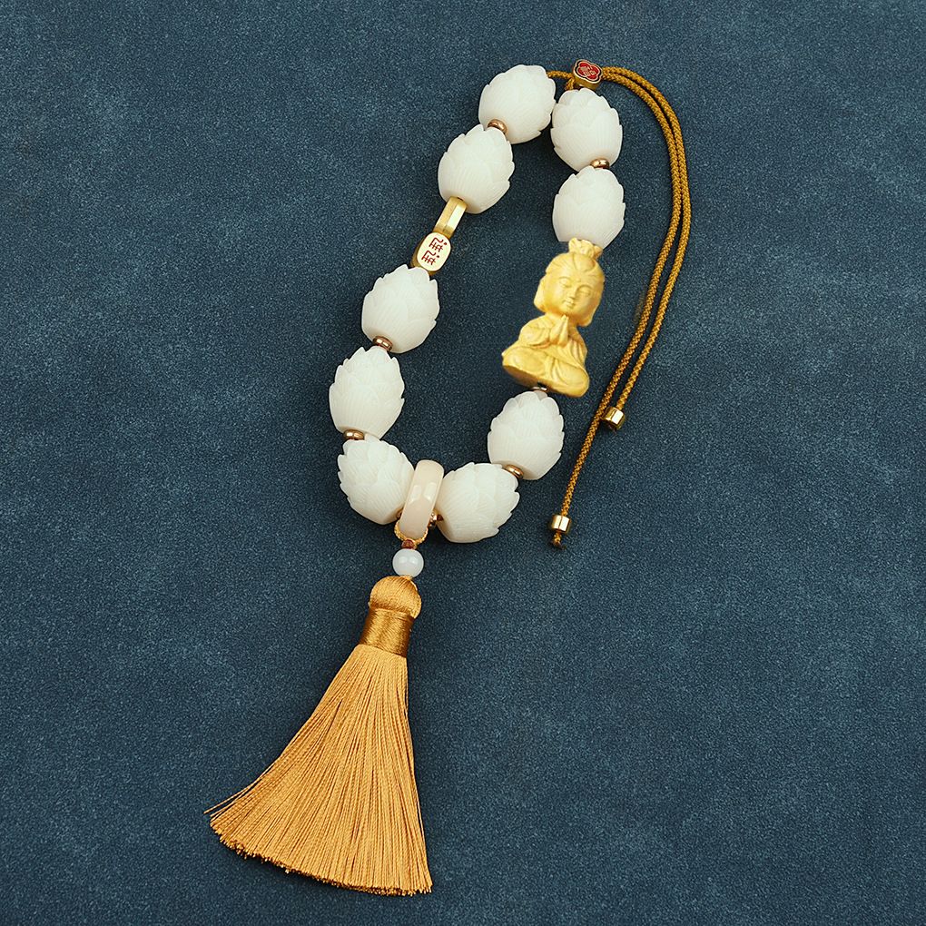 Car hanging: Qìchē High-end Boxwood Small - good-luck-guanyin-single-tassel-yellow