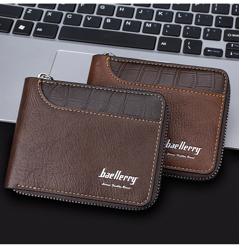New Men's Short Wallet Retro Multi Slot Zipper Coin Purse Contrasting Color Card Bag_voghion.com