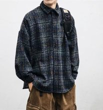春秋日系复古毛呢潮牌格子衬衫男长袖韩版潮流情侣百搭休闲外套潮