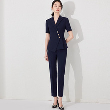 夏季短袖藏青色设计感时尚小西服套装气质女神范办公室正装工作服