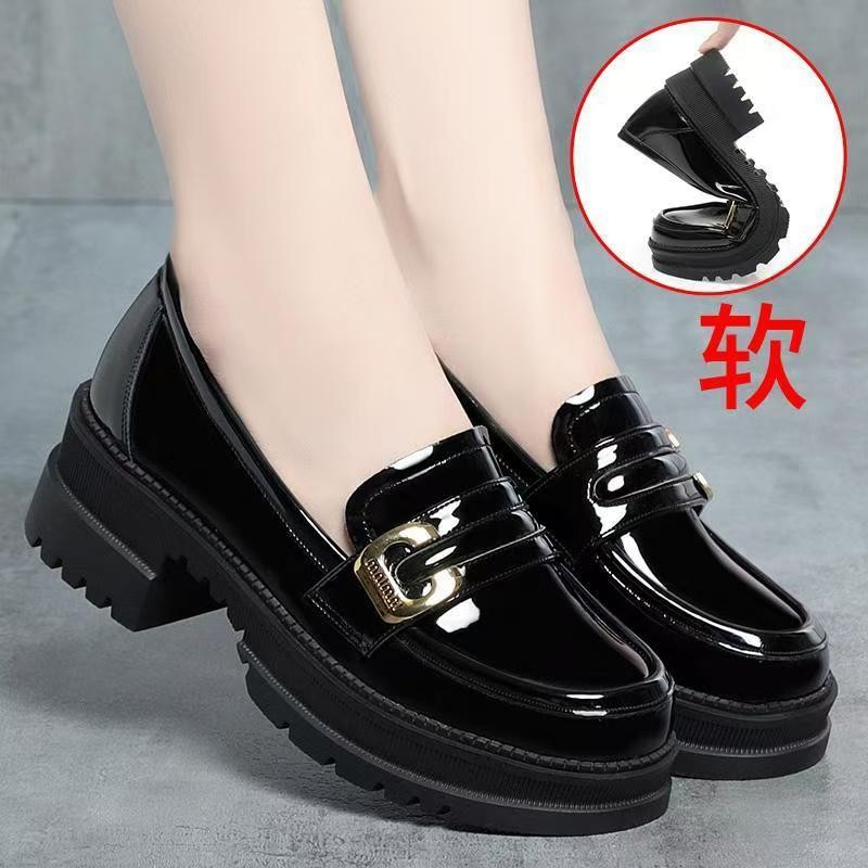 Loafers for Women, New Spring and Autumn Styles, Height-Increasing Thick-Soled Leather Shoes, Fashionable Versatile Patent Leather Soft-Soled Slip-On Shoes