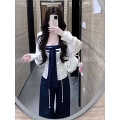 三件套女早秋辣妹领薄款长袖罩衫条纹抹胸高腰显瘦休闲裤潮