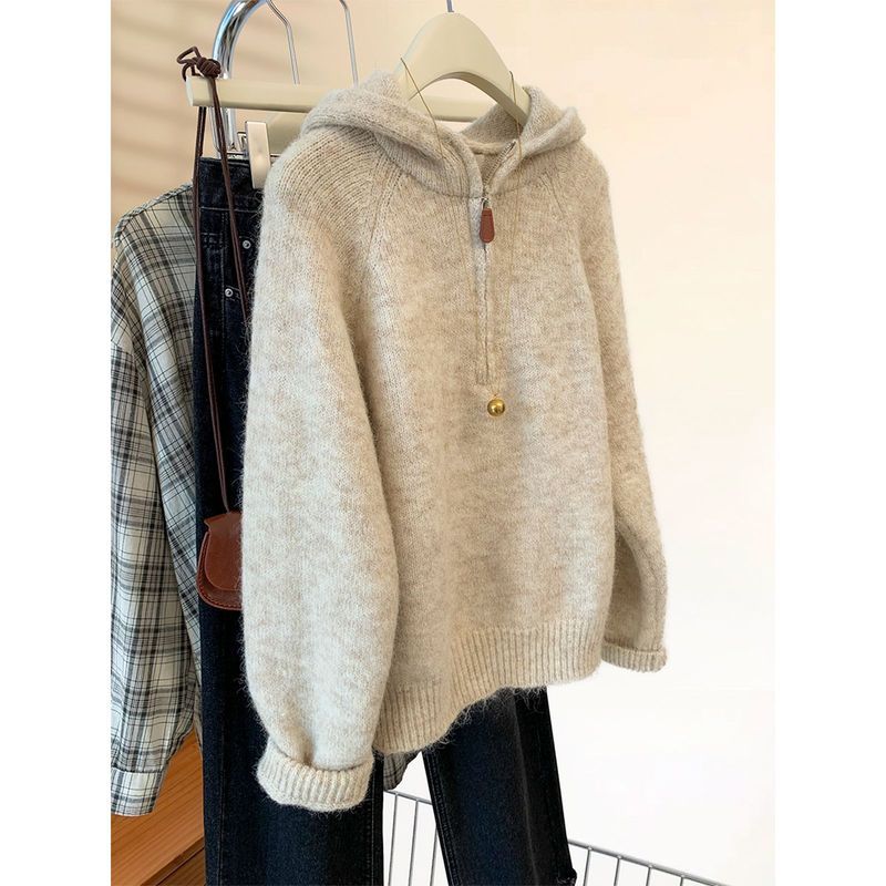 Raccoon Fur Half-Zip Hooded Pullover Sweater for Women, Autumn/Winter 2025, Loose-Fitting Outerwear Knitwear with a High-End Feel