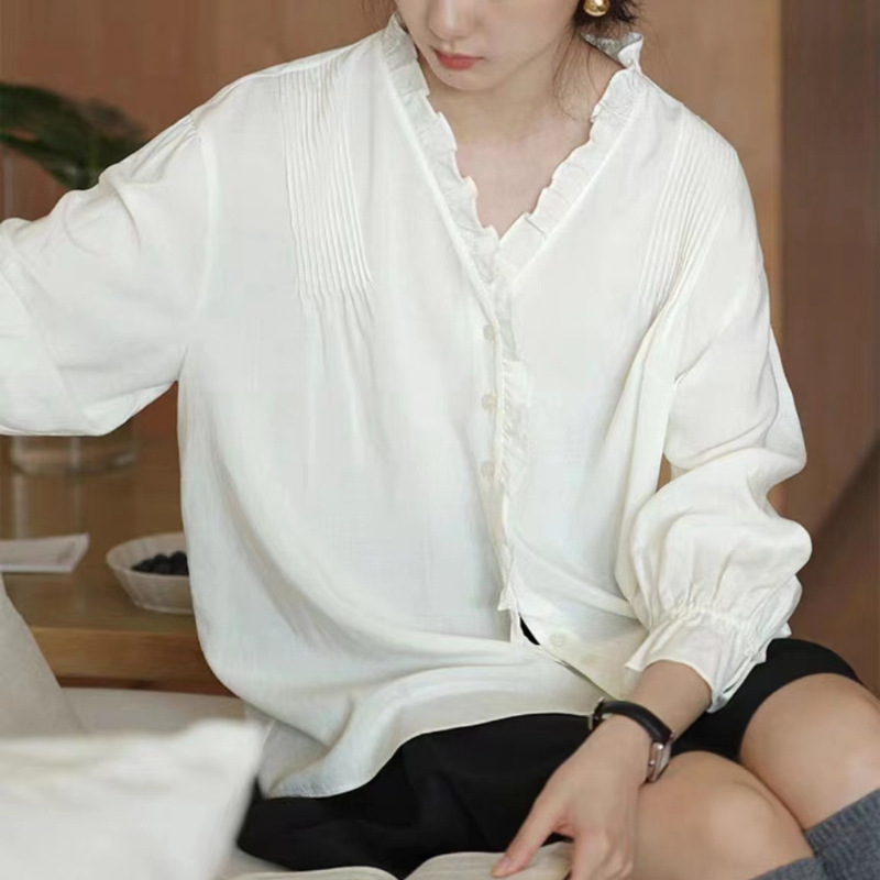 Beautiful Emperor Tokyo Gallery All-Tencel White Ruffled V-Neck Shirt Female Spring Loose Long Sleeve Top