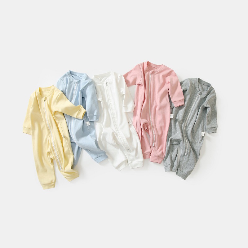 Autumn New Baby Solid Color Cotton Flat Climbing Wear Double Head Zipper Baby Long Sleeve Jumpsuit Air Conditioner