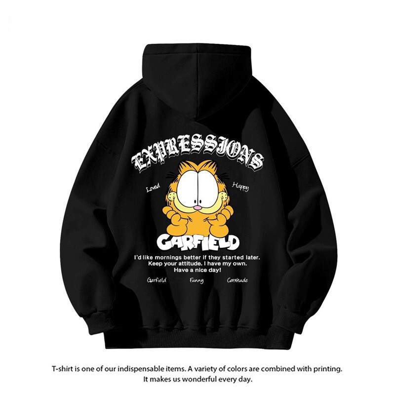 American-Style Trendy Cartoon Garfield Print Hooded Sweatshirt Couple's Casual Autumn and Winter Ins Jacket for Men
