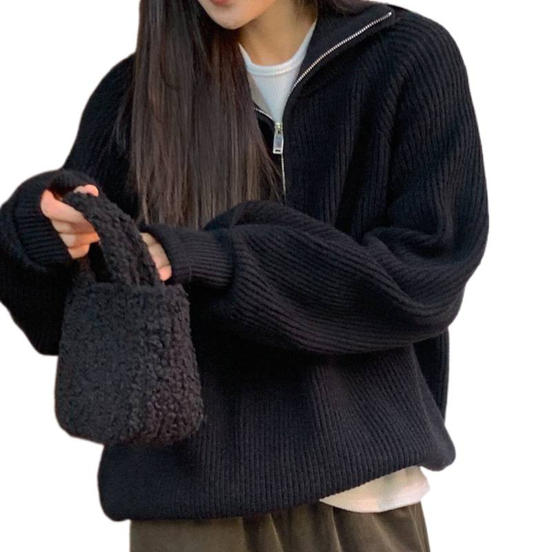 Suéter de collar de cremallera de viento perezoso de mujeres otoño invierno suelto polo cuello de manga larga camisa de punto chaqueta exterior