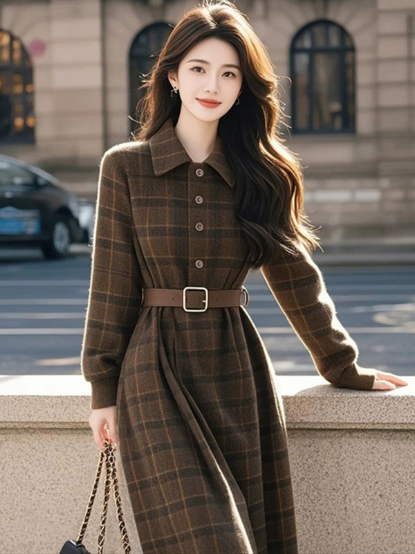 今年流行美拉德千金长裙气质轻奢高级感小香风格纹连衣裙女秋季|undefined