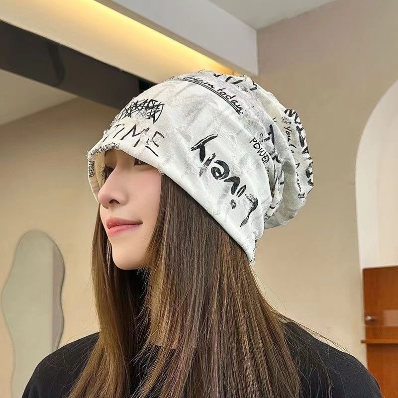 New Autumn and Winter Distressed Ripped Slouchy Beanie for Women, European and American Fashion Trendy Turban Hat, Versatile Postpartum Hat, Cross-Border