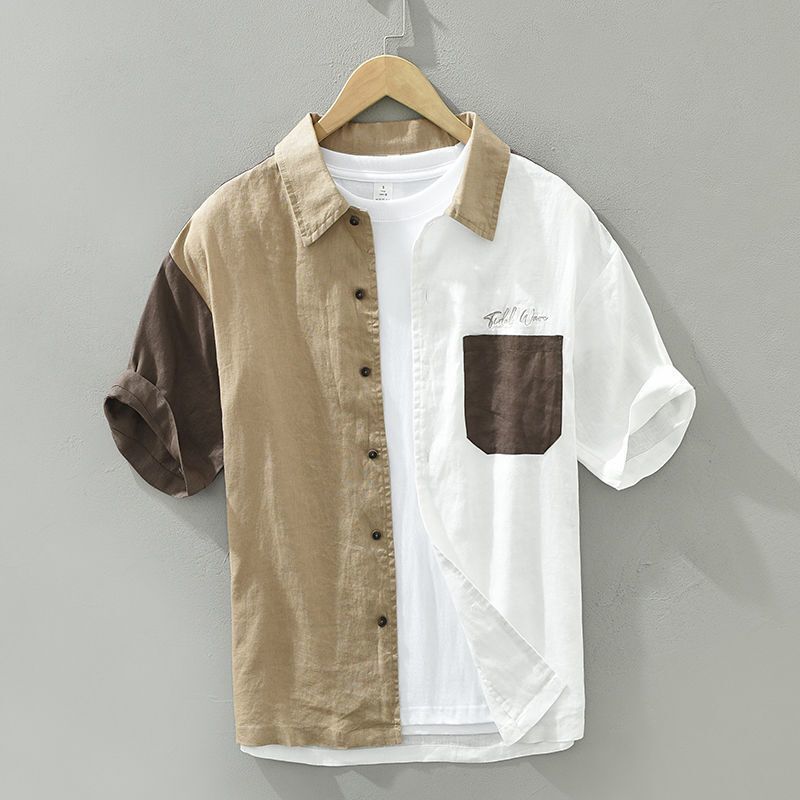 Japanese Retro Linen Splicing Short-Sleeved Men's Shirt Summer Loose Large Size Thin Embroidered Cotton and Linen Shirt