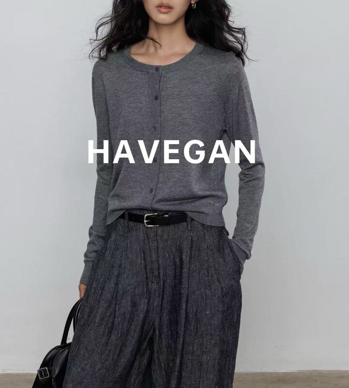 与间HAVEGAN/秋季圆领长袖针织开衫女薄款外穿宽松慵懒老钱风上衣|undefined