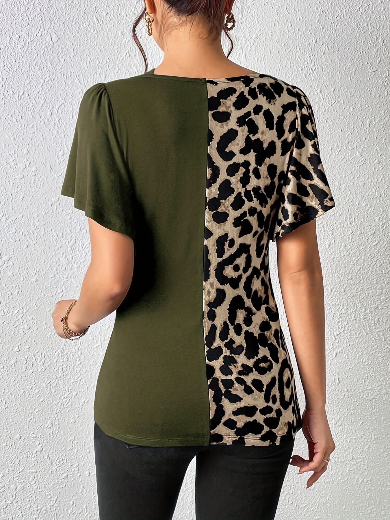 New Women's Leopard Print Asymmetrical Collar Butterfly Sleeve Patchwork Top European American Style_ecoleips.com