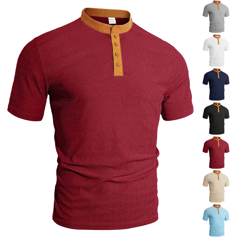 Nuevo transfronterizo de Europa y América Amazon verano hombre botón de cuello redondo color de manga corta hombre camiseta de hombre delgada