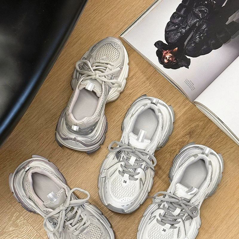 Европейская станция кожаная полировка с толстым подошвой папочка обувь женская 2025 новая сетка дышащая дикие винтажные повседневные кроссовки