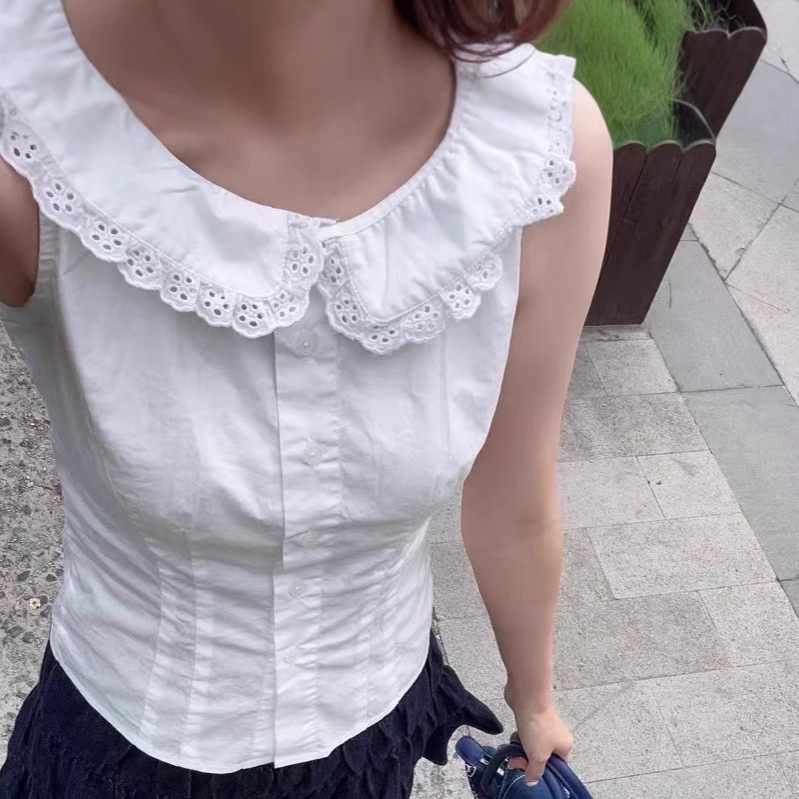Bm Style New Model White Lace Trim Doll Collar Camisole Sleeveless Waist-Cinching Top for Women Bm Style New Model White Lace Trim Doll Collar Camisole Sleeveless Waist-Cinching Top for Women