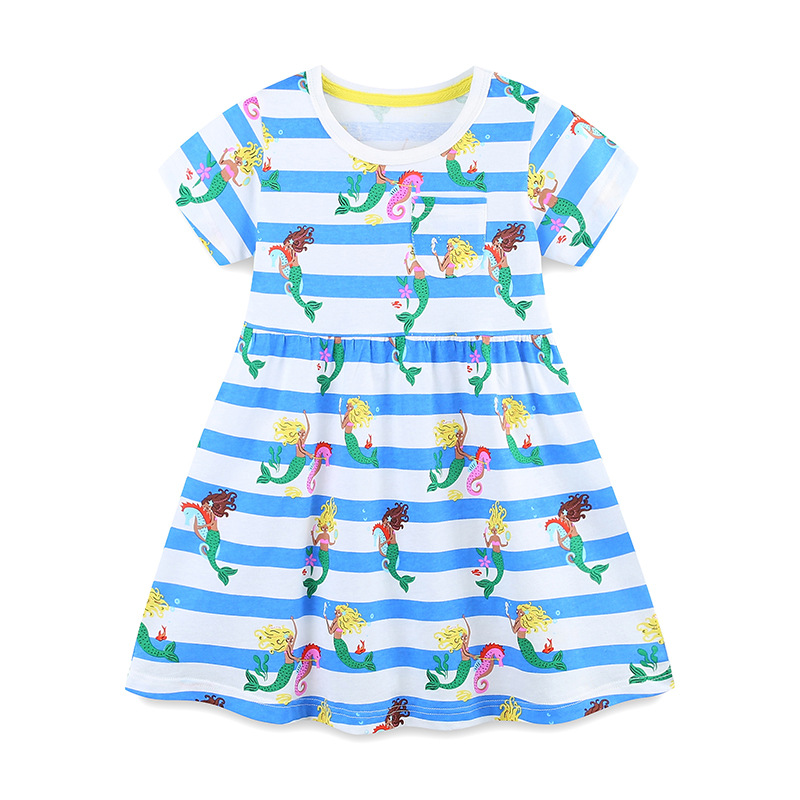 Verano nuevo vestido de niñas estilo europeo y americano estriado vestido de princesa de algodón de punto de cuello redondo vestido de manga corta image 7