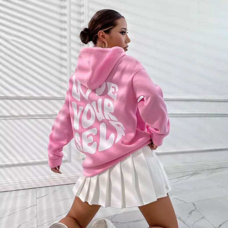 Cross-border New Women's Fleece Shoulder Sleeve Hoodie Back Letter Printed Harajuku Pullover Hooded Top