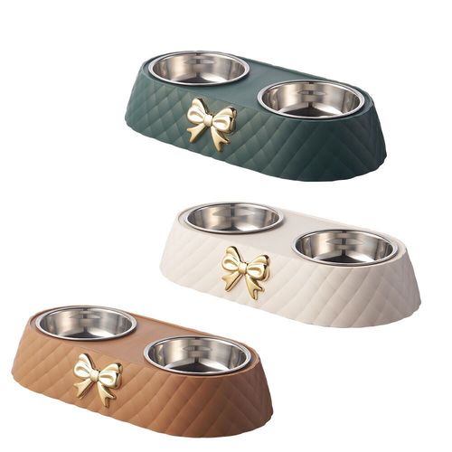 Pet Supplies Amazon New Bow Pet Double Bowl Stainless Steel Dog Bowl Drinking Water Feeding Cat Bowl Wholesale