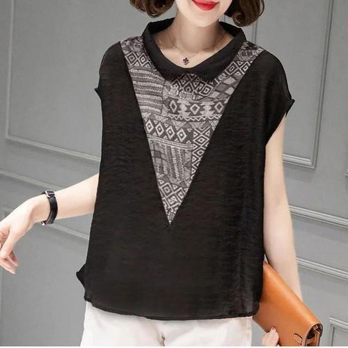 Baby Collar Short Sleeve Cotton Linen Shirt Summer Loose Fitting Slimming Splicing Plus Size Women's Blouse Print Stomach Covering Top Thin