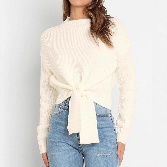 Factory Customized European and American Cross-Border Amazon Lace-Up Short Solid Color Knitwear Simple and Versatile Long-Sleeved Knitwear for Women